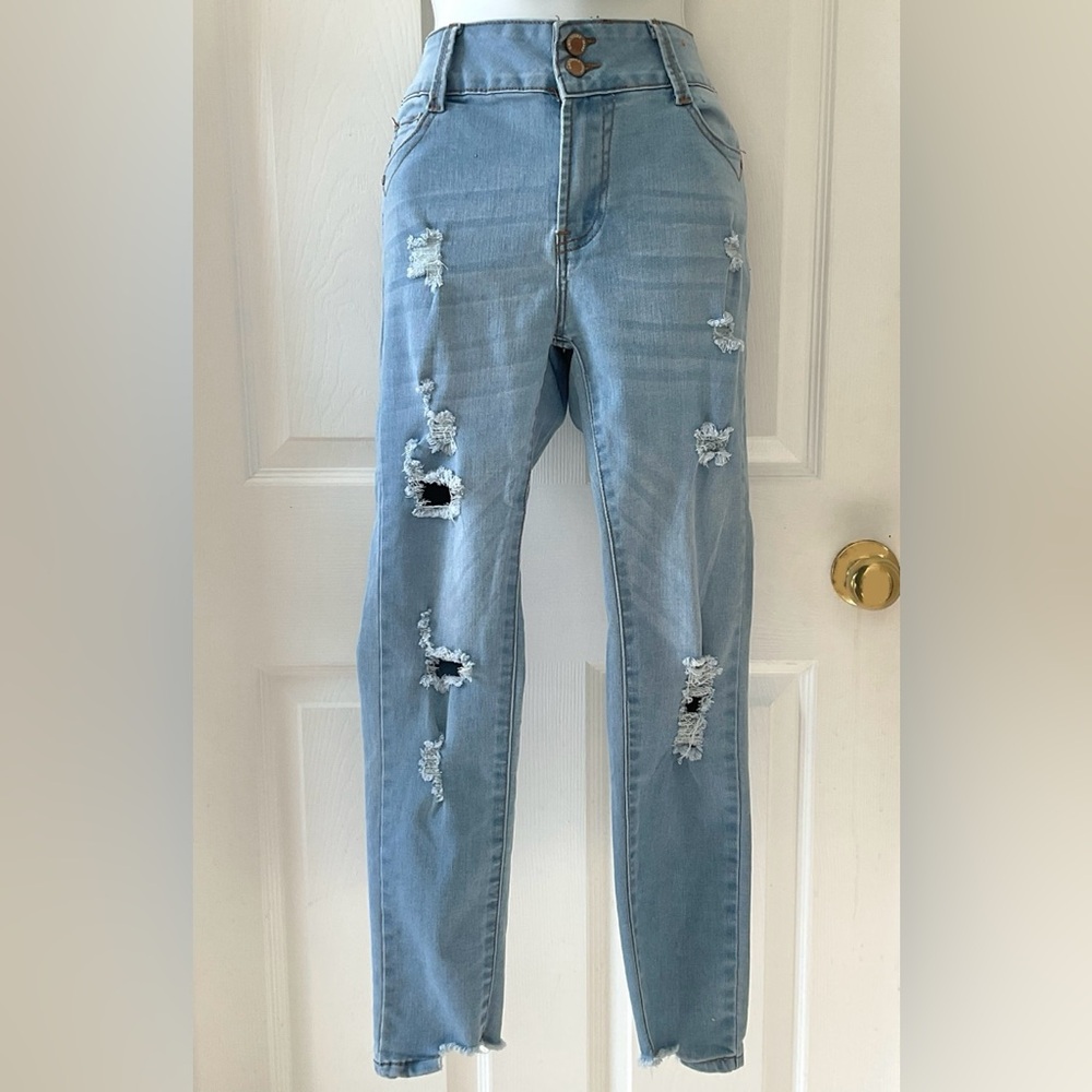 High waisted Distressed Light Blue Jeans